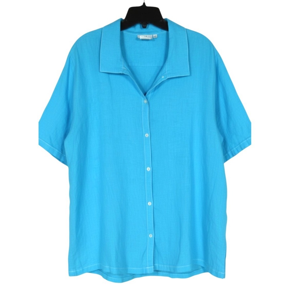 NWT HOT COTTON Midweight LINEN BLEND Blue BUTTON-UP Lagenlook BLOUSE/TOP Sz 2X